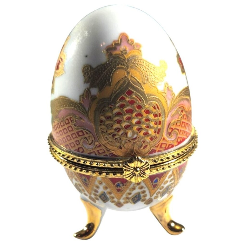Trinket Box Egg shaped Gold tone Accents Ornate 3 Legs easter